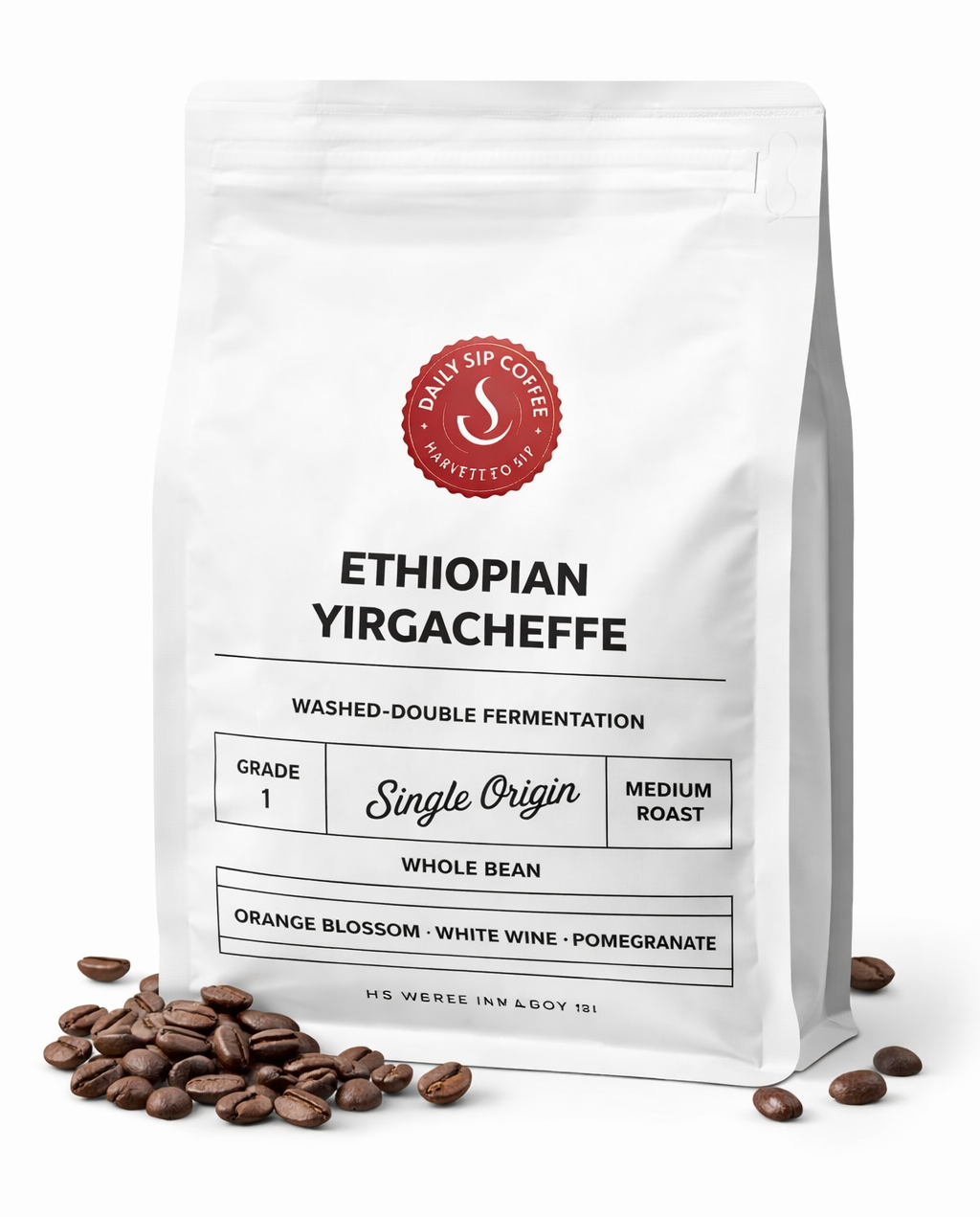 Coffee bag labeled 'Ethiopian Yirgacheffe' with coffee beans on a white background