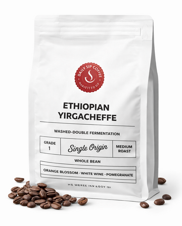 Coffee bag labeled 'Ethiopian Yirgacheffe' with coffee beans on a white background
